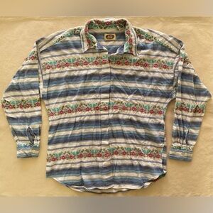 CM Company Blue White Multicolor Floral Button Down Flannel Large 100% Cotton